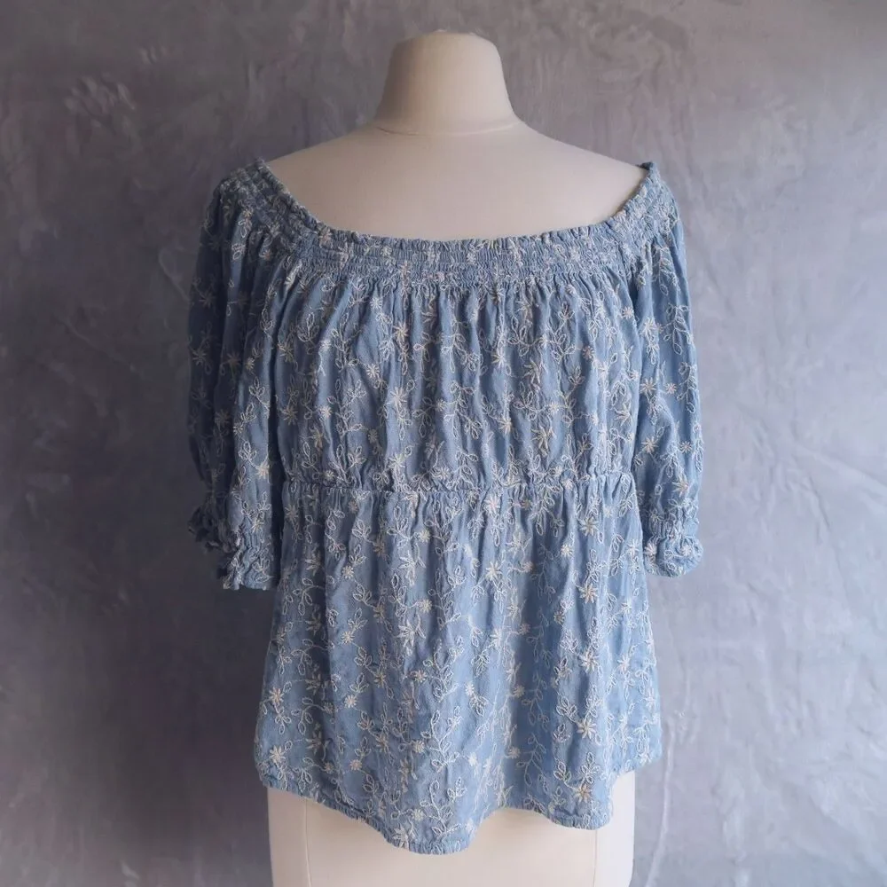 OLD NAVY Blue Floral Puff-Sleeve Babydoll Top Size XXL Embroidered Chambray